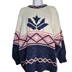 Vintage 80s Sweater Womens Size Large Pink Blue White Ski Knit Argyle Diamond